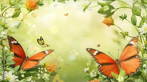 Two Orange Butterflies Amidst White and Orange Flowers in a Soft Green Garden