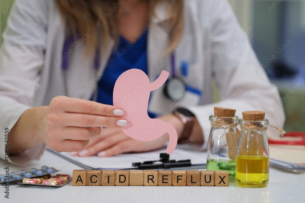 A medical professional is speaking about acid reflux while using a detailed stomach model to explain treatments
