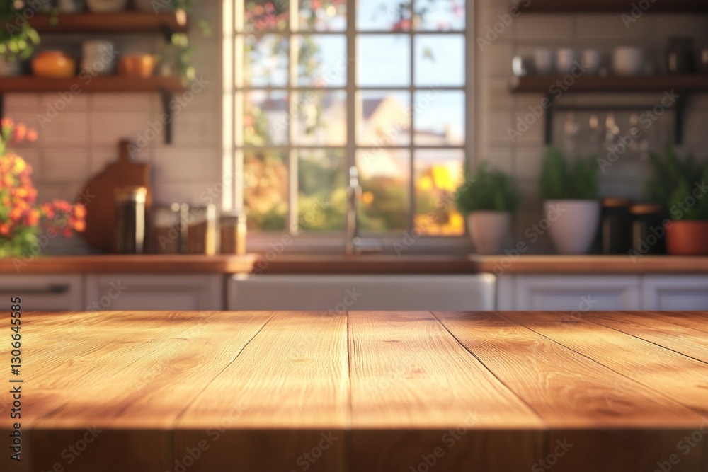 Wooden Tabletop in Bright Kitchen Interior with Window and Garden View Wooden Tabletop in Bright Kitchen Interior with Window and Garden View