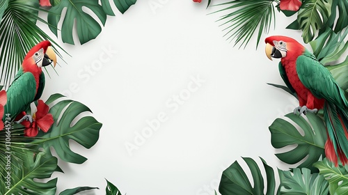 Two Red And Green Macaws Framed By Lush Tropical Leaves On White Background
