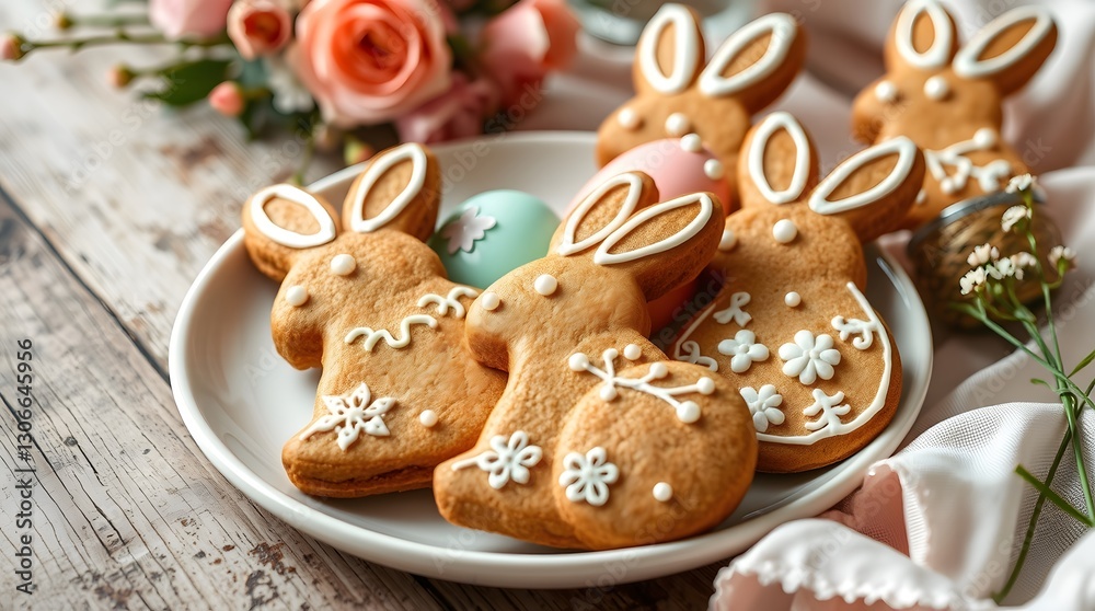 A charming plate of Easter bunny-shaped cookies, beautifully decorated with intricate white icing. Pastel Easter eggs and fresh flowers complement the festive springtime scene. A charming plate of Easter bunny-shaped cookies, beautifully decorated with intricate white icing. Pastel Easter eggs and fresh flowers complement the festive springtime scene.