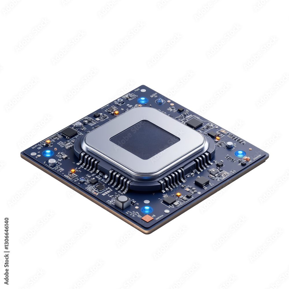 Digital Isometric Circuit Board with Silver Chip and Glowing LEDs Digital Isometric Circuit Board with Silver Chip and Glowing LEDs