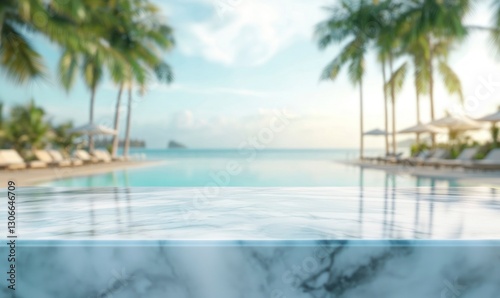 Marble Table Top with Tropical Swimming Pool Resort View Background