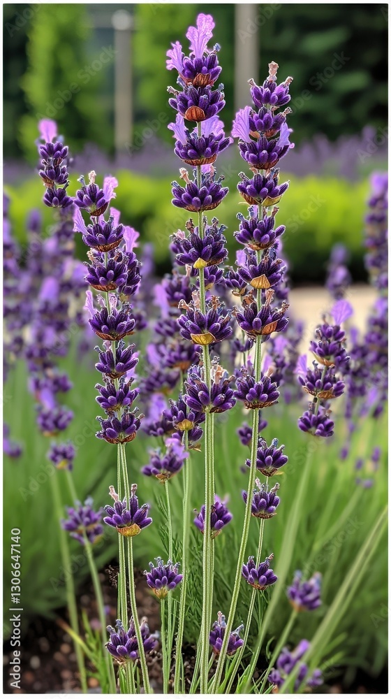 Fototapeta premium A vibrant patch of lavender flowers in full bloom, showcasing delicate purple petals and lush green foliage, set against a well-manicured lawn that enhances the garden's serene beauty.