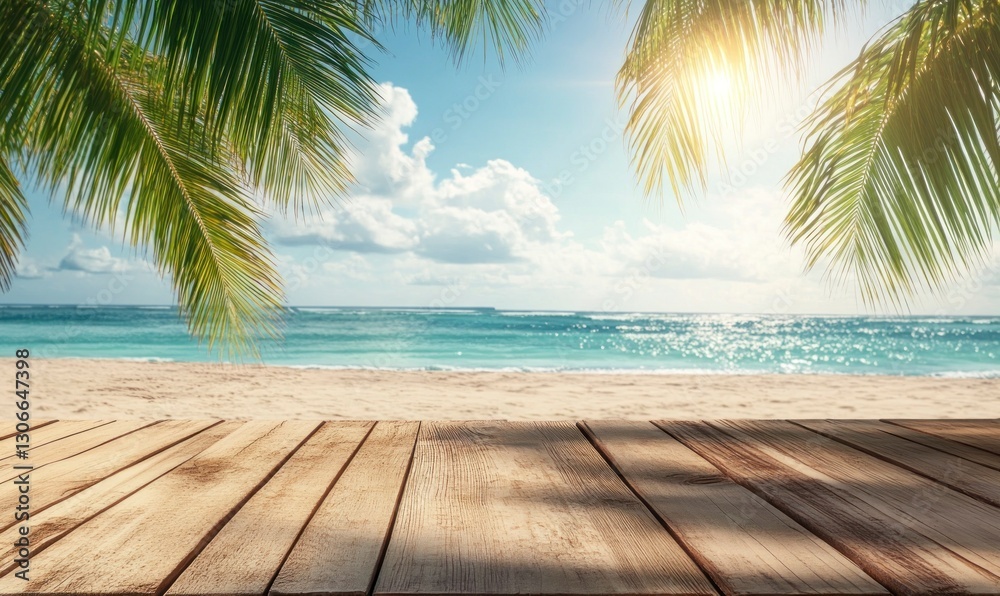 Relaxing Ocean View From Tropical Beach with Palm Trees and Wooden Deck Relaxing Ocean View From Tropical Beach with Palm Trees and Wooden Deck