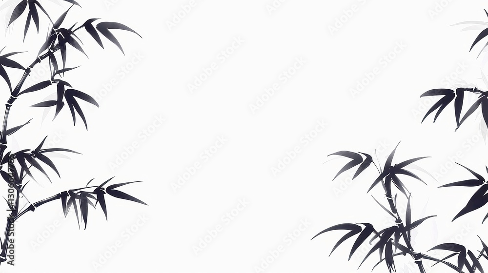 Naklejka premium Sumi-e Bamboo Forest Background, elegant ink brushwork, serene and minimalist design, promotes tranquility, ideal for meditative spaces or calming environments