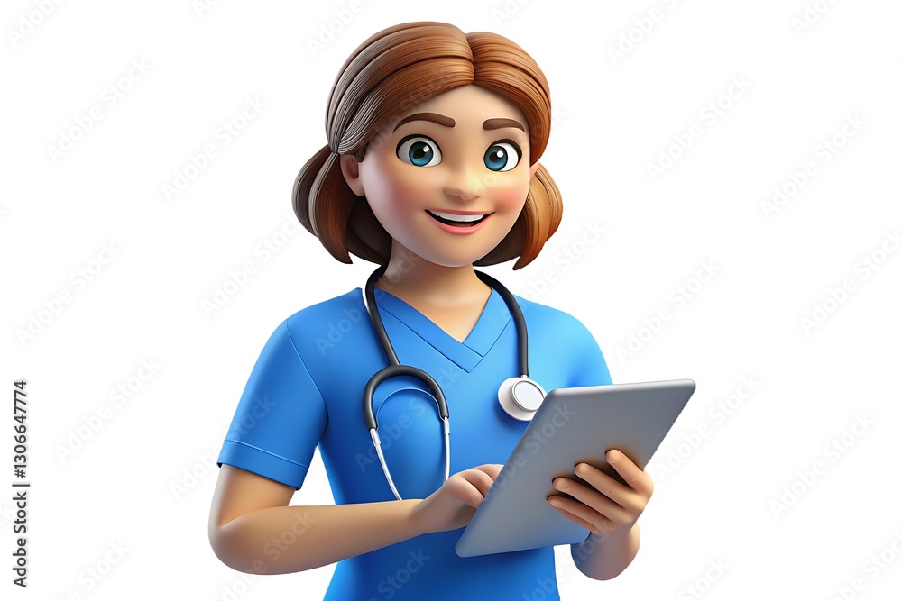 Fototapeta premium Cartoon doctor using a tablet, friendly and professional.