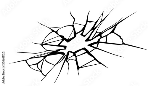 Dramatic monochrome rendition showcasing a shattered pane with sharp intersecting lines radiating from a central void symbolizing fragility and unexpected rupture