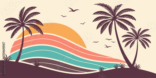 Ilustración retro de una puesta de sol sobre el mar con palmeras y gaviotas en el cielo, en tonos cálidos.
