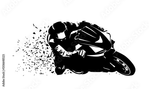 Moto racing logo, isolated vector silhouette with distortion effect. Motorcycle rider on road motorbike, high contrast clipart