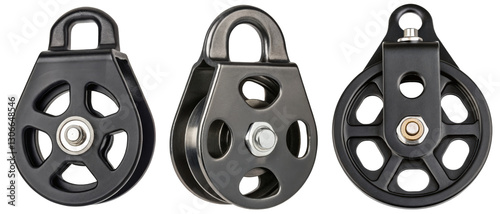 Three black heavy-duty pulleys on a transparent background