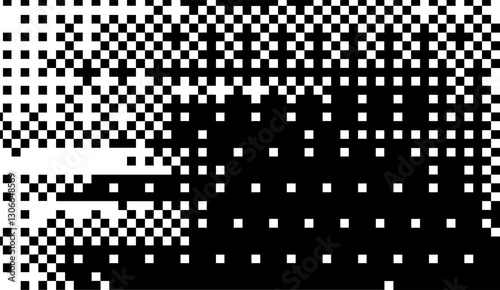Pixelated Transition, A Dynamic Black and White Pattern Illustrating Gradual Transformation and Evolving Digital Landscapes with Distorted Checkerboard