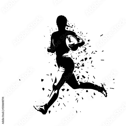 Rugby, woman running with ball, side view. Isolated vector silhouette, high contrast drawing with distortion effect. Team sport athlete clipart