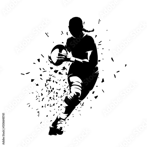 Rugby, woman running with ball, front view. Isolated vector silhouette, clipart. Team sports high contrast illustration