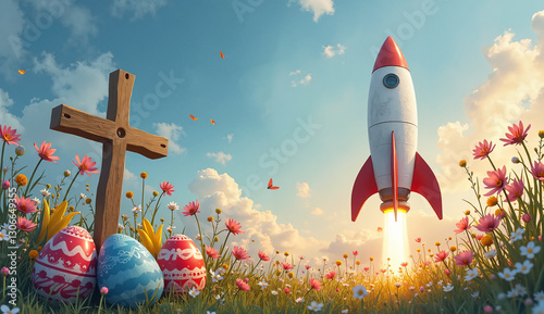 Creative Easter Artwork Featuring a Rocket Launch, Cross, and Colorful Eggs – Perfect for Holiday Promotions and Branding