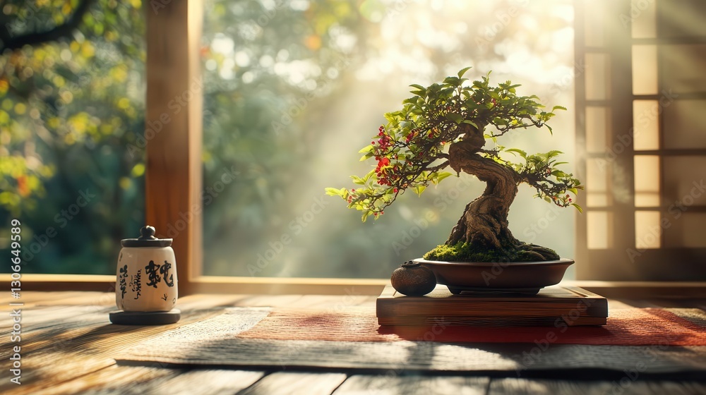 Elegant Bonsai Tree in Radiant Natural Light at Tranquil Space Elegant Bonsai Tree in Radiant Natural Light at Tranquil Space