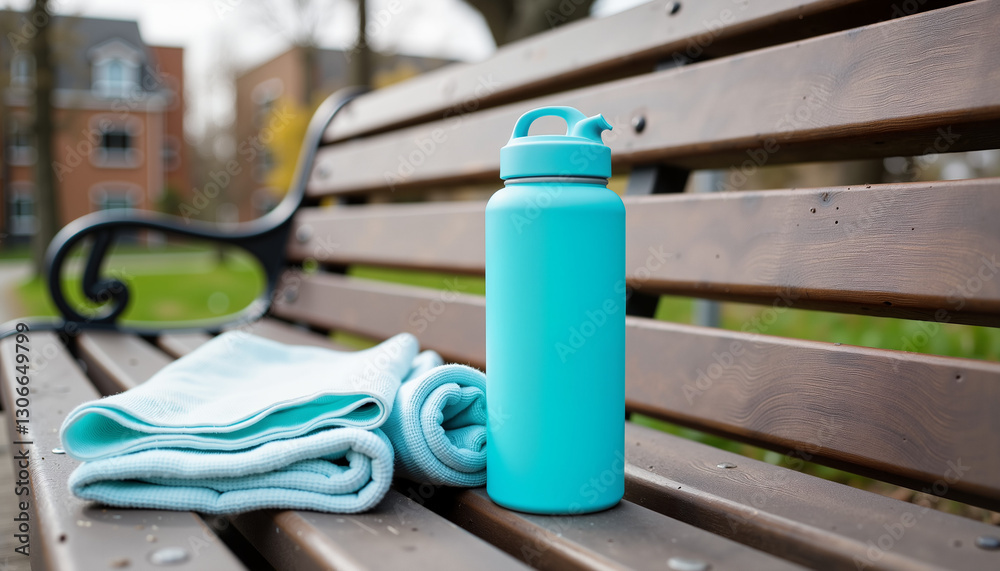 Water bottle and towel on a park bench Water bottle and towel on a park bench