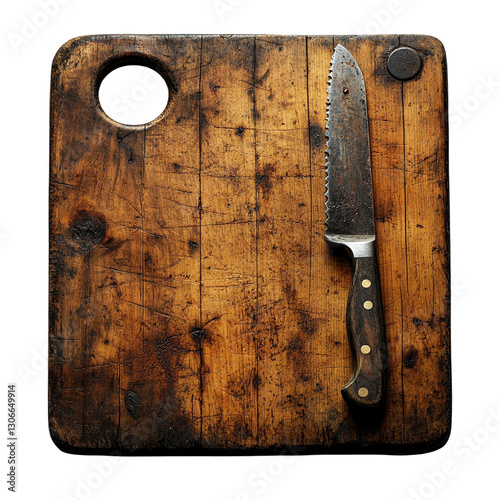 Rustic Wooden Cutting Board with Vintage Bread Knife Aged Texture Dark Background photo