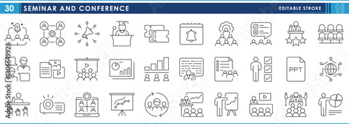 A set of line icons related to Seminar and Conference. Presentation, present, business, talk, seminar, graduation speech, announcement, release, and so on. Vector editable stroke.