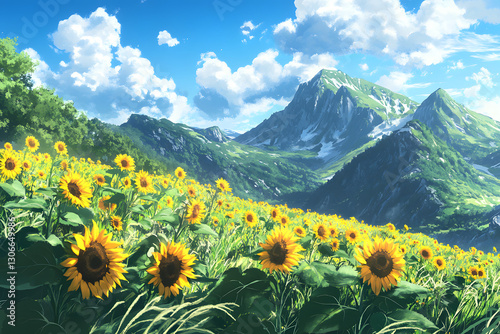 Sunny sunflower field mountain landscape