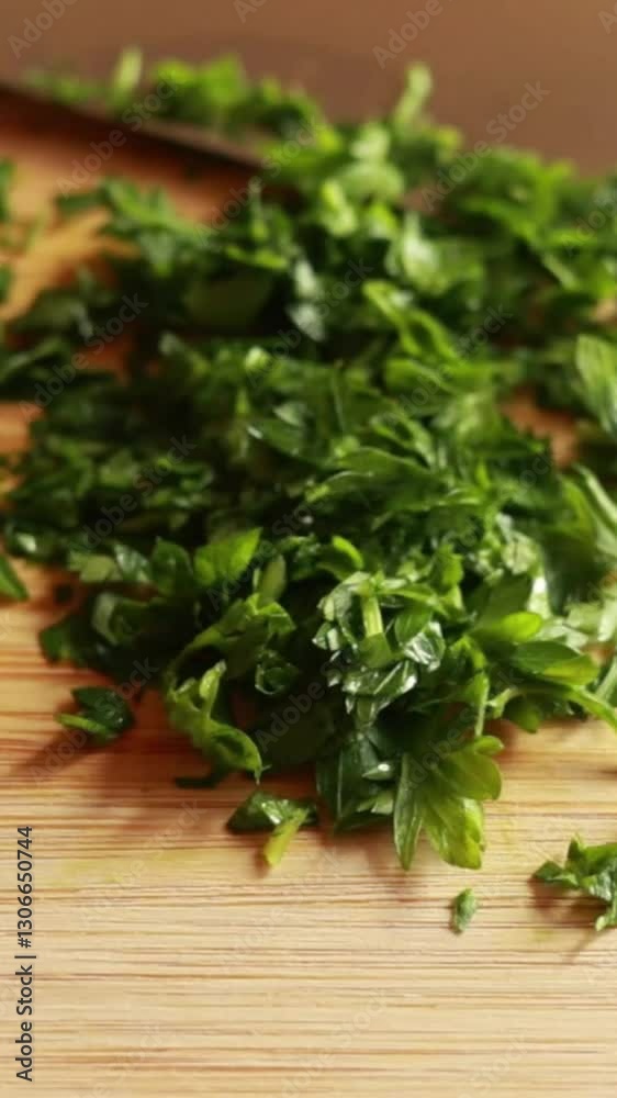 chopping fresh parsley on a wooden cutting board close-up chopping fresh parsley on a wooden cutting board close-up