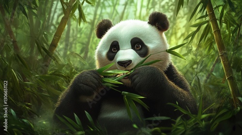 Giant panda eating bamboo shoots amidst lush green forest foliage photo