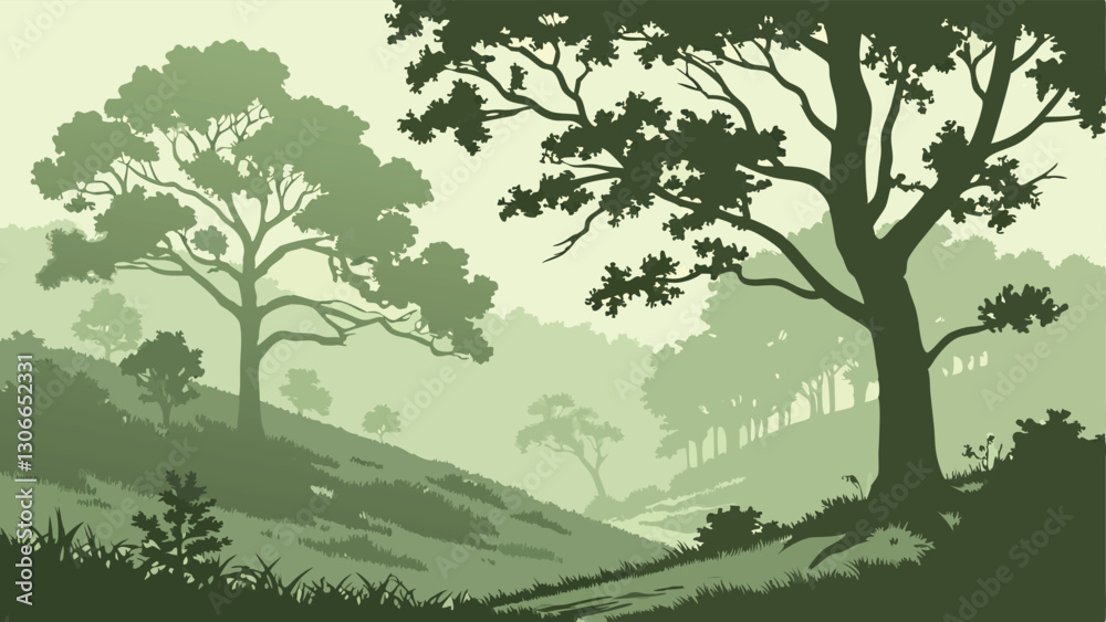 Obraz premium Misty Forest Background with Rolling Fog and Lush Green Layers – Serene and Ethereal Landscape for Nature, Fantasy, and Design Projects, Misty Forest Background, Foggy Woodland Scene, Green Tree 
