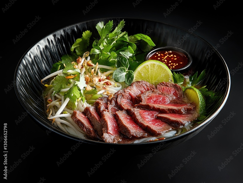 A delicious bowl of noodles with sliced meat and fresh herbs A delicious bowl of noodles with sliced meat and fresh herbs