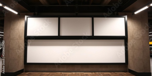 Vertical triple underground billboard mockup with prime lenses, ready for advertisements, underground, showcase