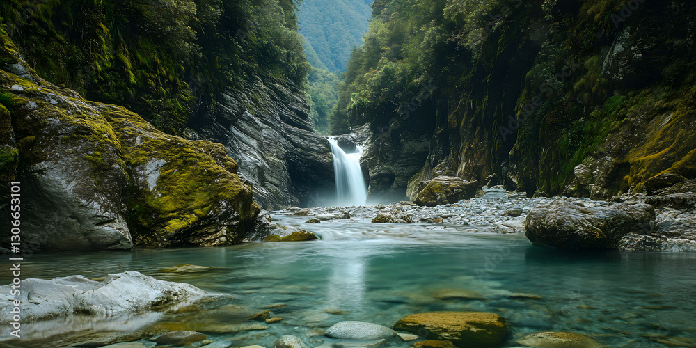 Naklejka premium Tranquil Waterfall Cascading Into Crystal-Clear Mountain River