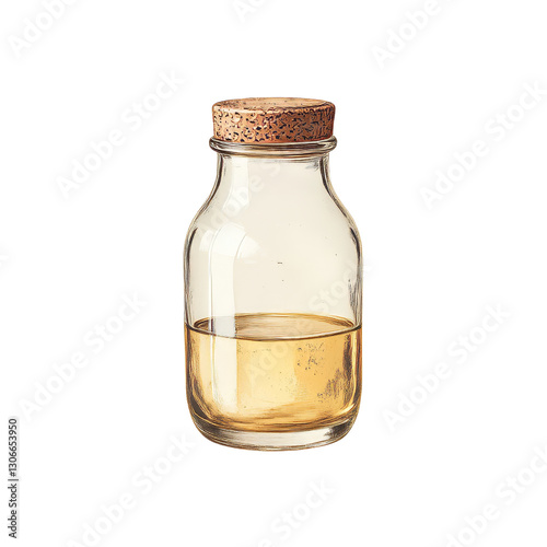 Glass Bottle Displaying Light Amber Liquid with Cork Stopper
