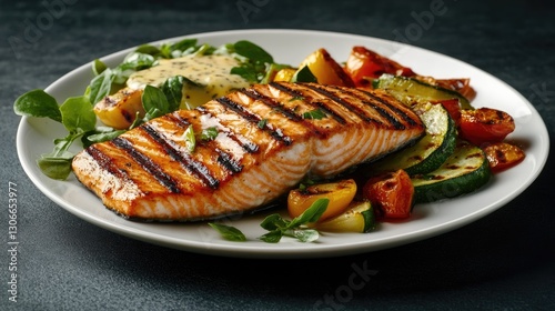 Grilled salmon with vegetables on a white plate with greens