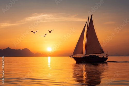 A sailboat navigating into the vibrant sunset, accompanied by flying birds, beautifully captures the essence of freedom and adventure in nature.