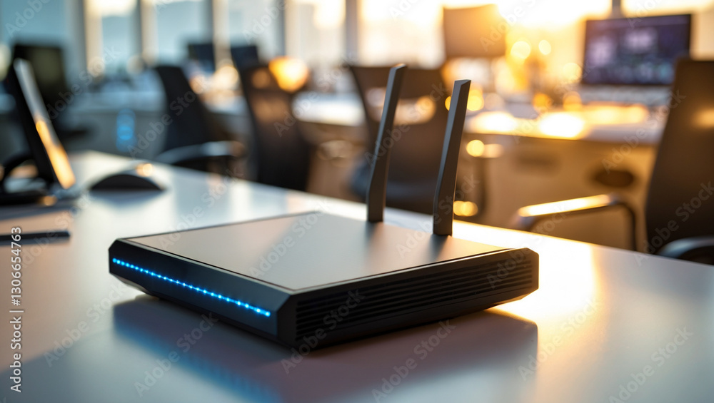A modern Wi Fi router with glowing LED indicators in sharp focus, placed on a sleek wooden desk. The background features a softly blurred office. A modern Wi Fi router with glowing LED indicators in sharp focus, placed on a sleek wooden desk. The background features a softly blurred office.