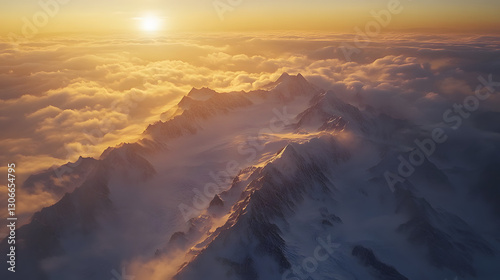 Majestic mountains piercing golden sunset clouds