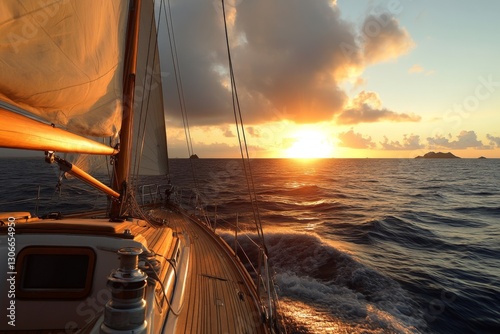 A sailboat on open waters navigates towards a vibrant sunset, showcasing a beautiful play of colors and clouds, symbolizing adventure and freedom on the sea.