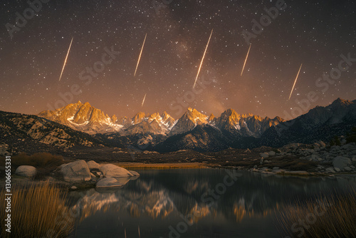 Meteor shower over mountain lake at dawn