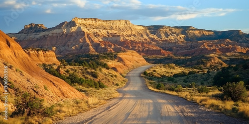 Winding Road Through Colorful Canyon Landscape at Dawn