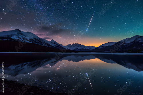 Mountain Lake Night Sky Meteor Shower Reflection