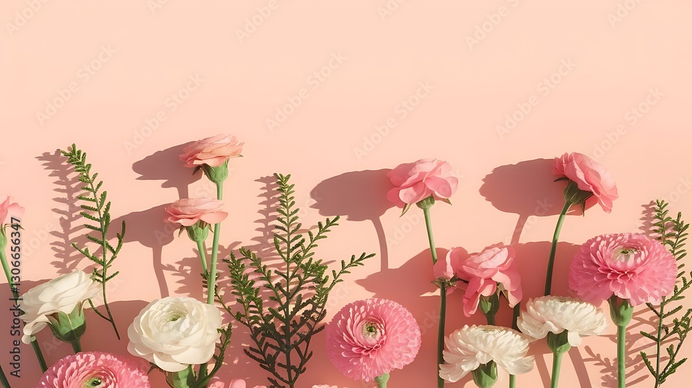Obraz premium View from above part of a close up frame of fresh flowers rose ranunculus carnation juniper eustoma bush chrysanthemum on a pink background with a space to copy high quality photo