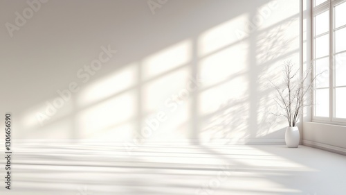 Sunlight illuminating white wall in empty room with potted plant casting shadows on the floor and wall