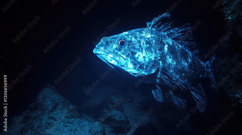 Fototapeta premium A bioluminescent deep sea fish swims in a dark ocean environment