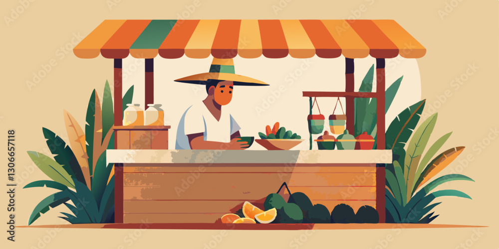 Ilustración de un vendedor en un mercado tropical con frutas frescas, bebidas y un entorno natural vibrante.
