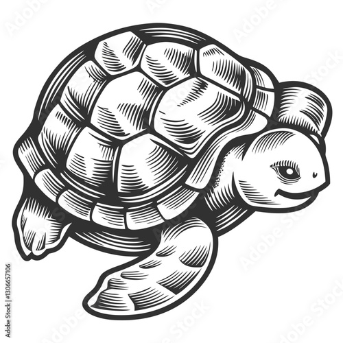 an intricately shaded black and white illustration of a sea turtle, surrounded by stylized ocean waves and a partial sun. The turtle's shell and flippers are highly detailed, reflecting artistic