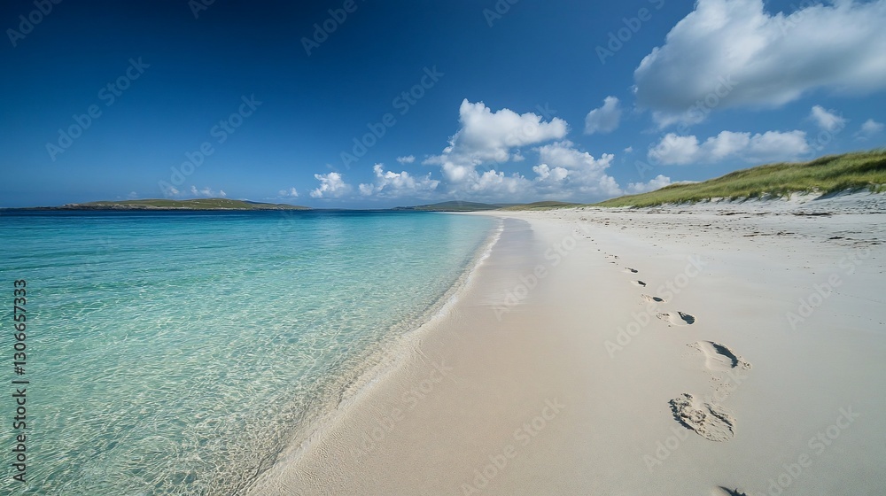 Fototapeta premium Pristine beach, footprints, clear water, sunny sky