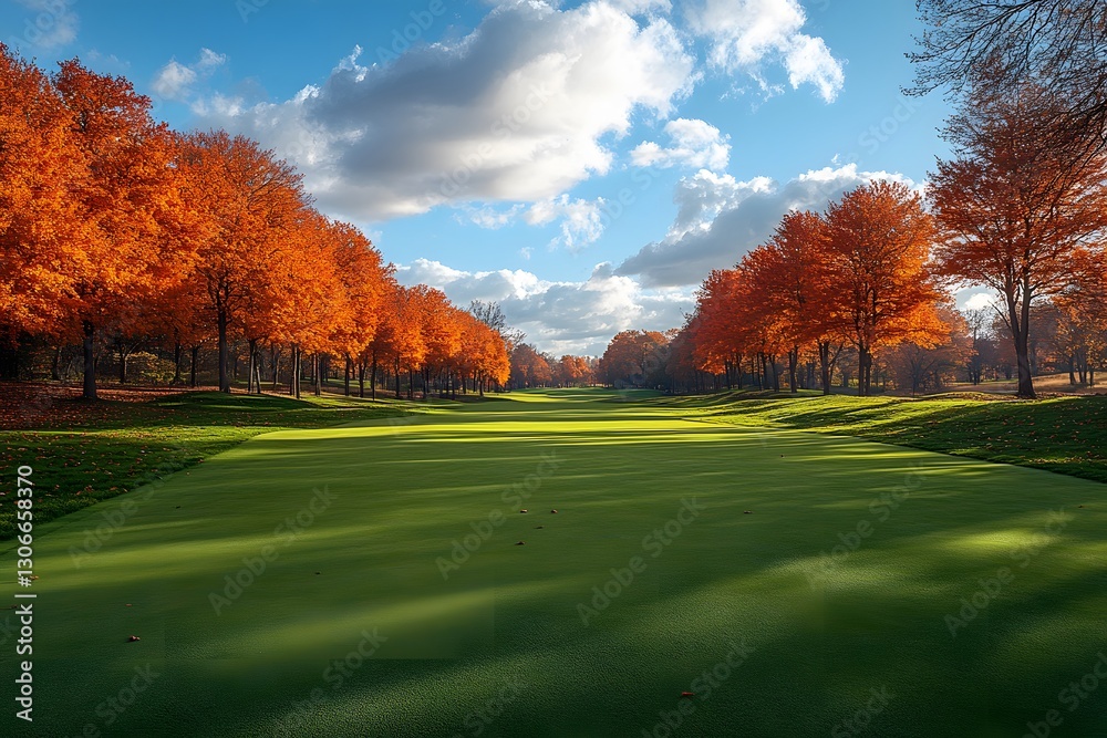 Autumn Landscape with Lush Green Golf Course and Vibrant Foliage for Nature-Themed Prints Autumn Landscape with Lush Green Golf Course and Vibrant Foliage for Nature-Themed Prints