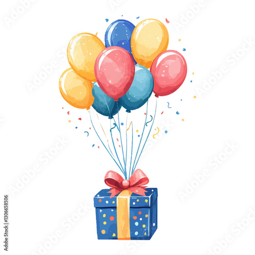 A gift box is suspended on an air balloon, with colorful balloons flying in a white background.