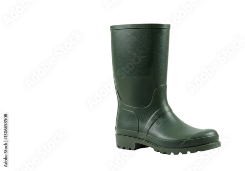 Green rubber boot on a white background ideal for outdoor activities, gardening, farming, and water-related tasks