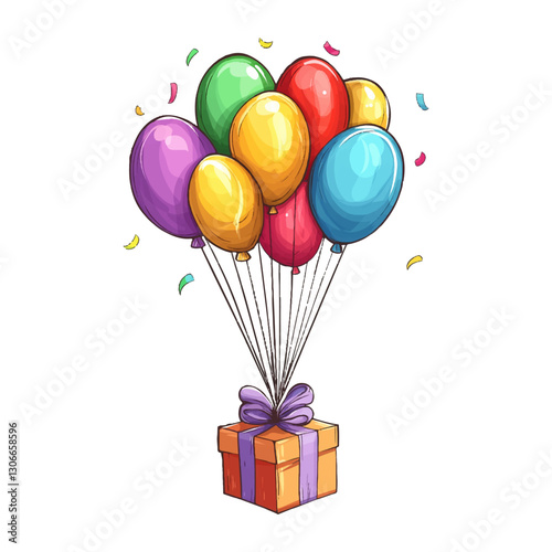 A gift box is suspended on an air balloon, with colorful balloons flying in a white background.