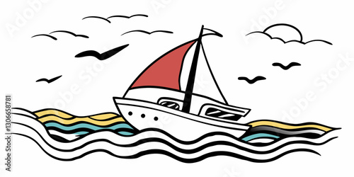 Dibujo artístico de un barco de vela con una bandera roja navegando en el mar, con gaviotas y nubes en el cielo.

